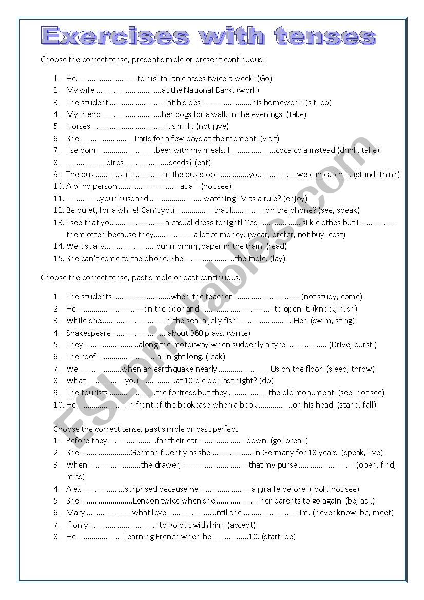 Choose Correct Verb Tense Worksheets