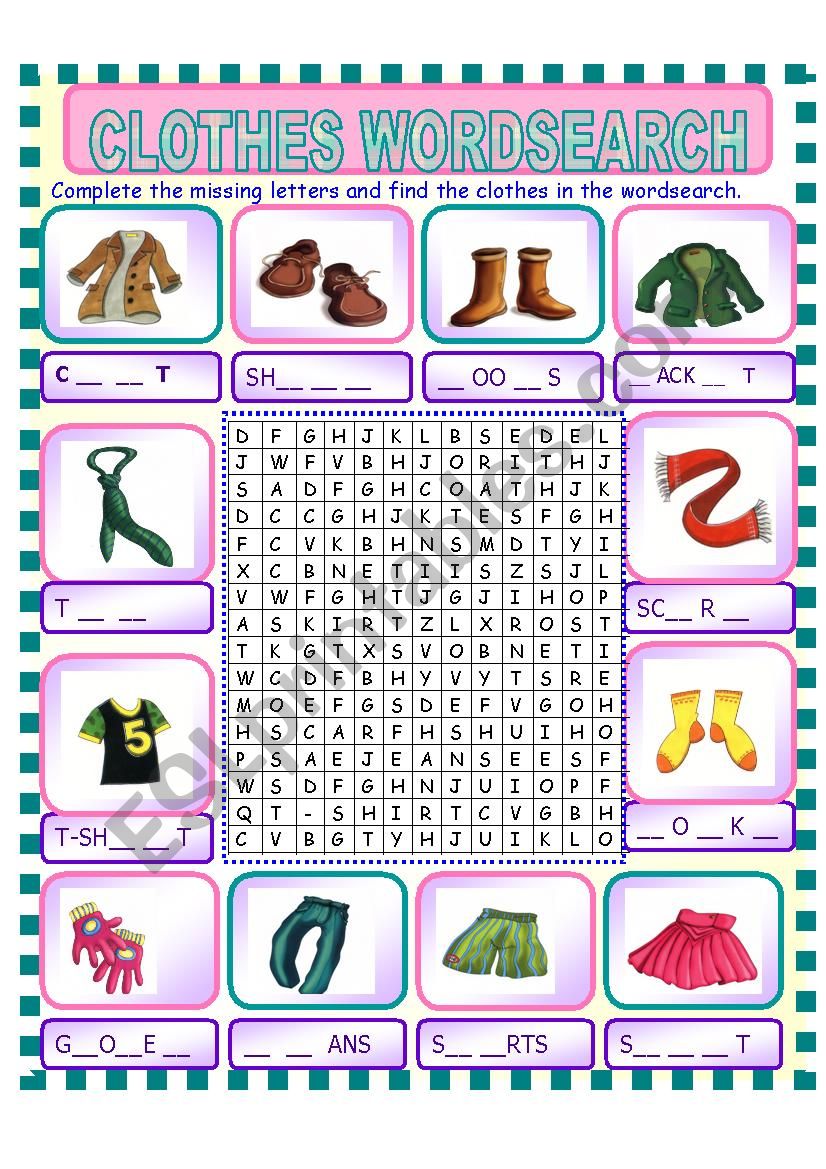 clothes wordsearch worksheet