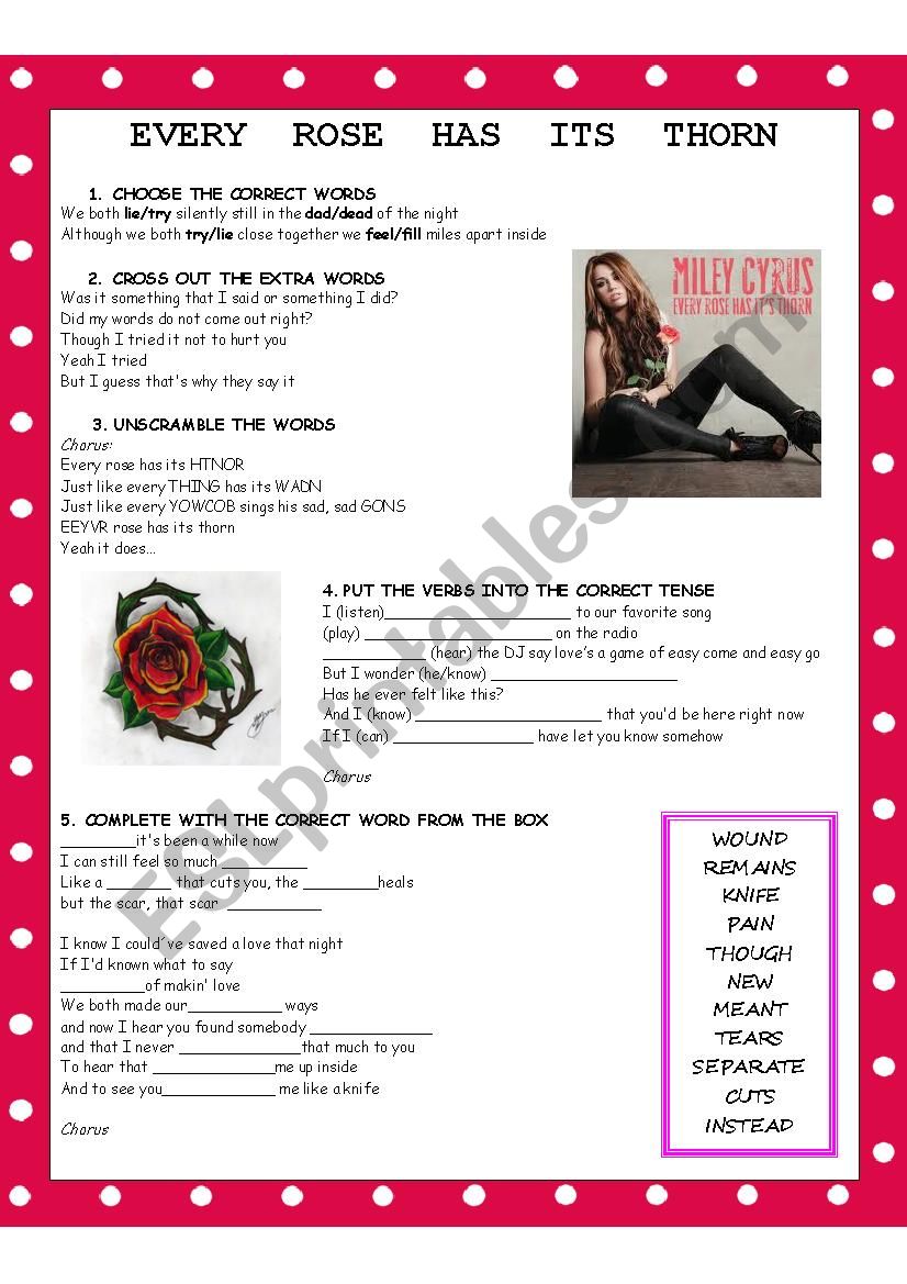 Every rose has its thorn miley cyrus free mp3 download Every Rose Has Its Thorn Poison Miley Cyrus Version Esl Worksheet By Tetulin