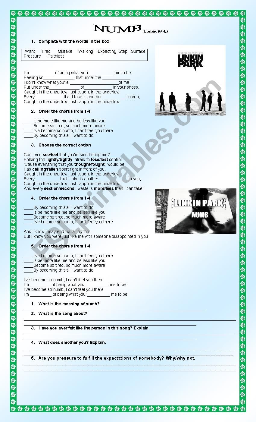 Numb (Linkin Park) worksheet