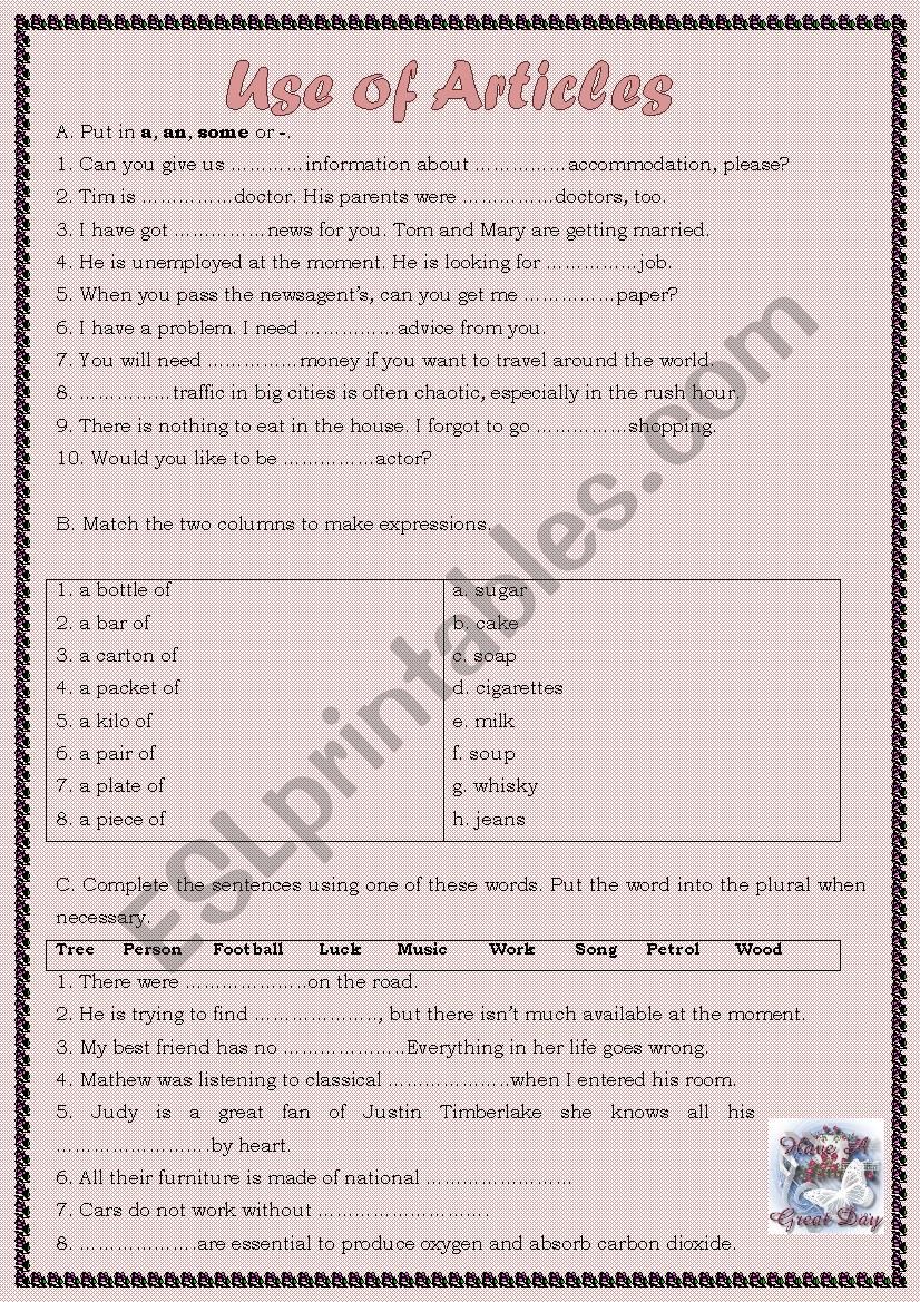 Use of articles worksheet