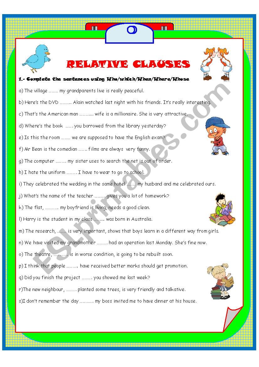 RELATIVE CLAUSES (2 pages) worksheet