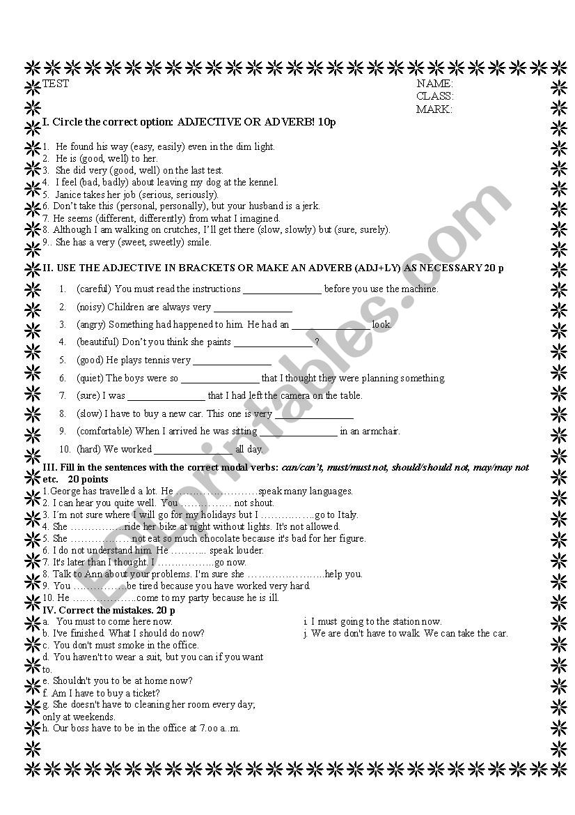 Test- adjectives, adverbs and modal verbs