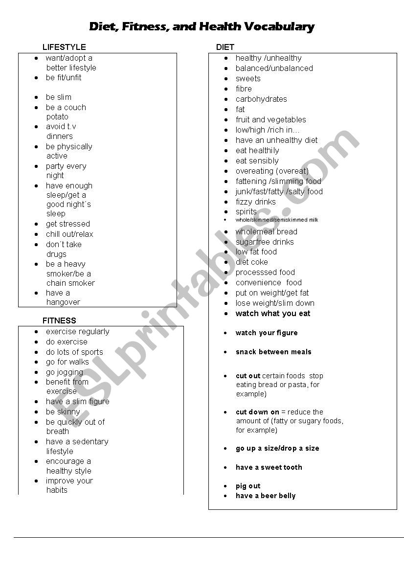 Diet, Fitness and Health Vocabulary