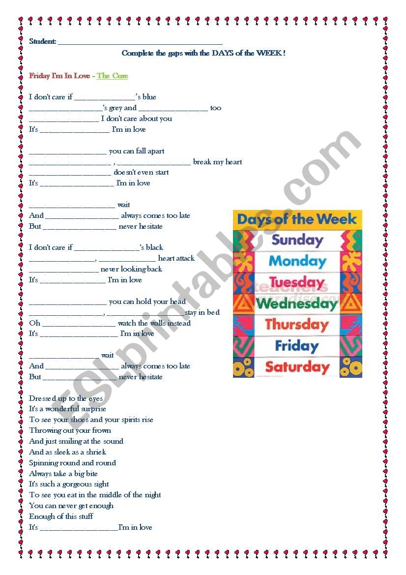 Friday Im in love - The cure worksheet