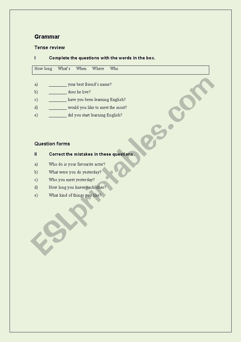 Tense Review- Question Forms- Frequency Adverbs