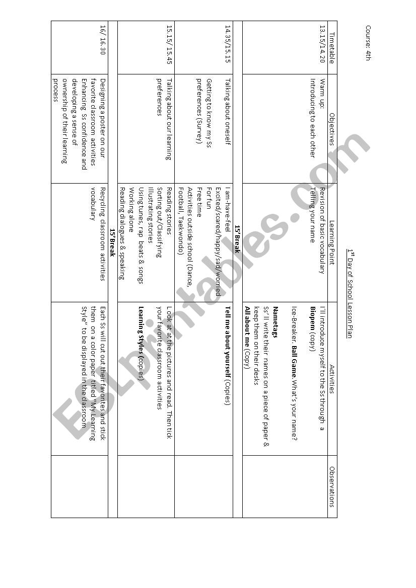 First Day of School Lesson Plan 