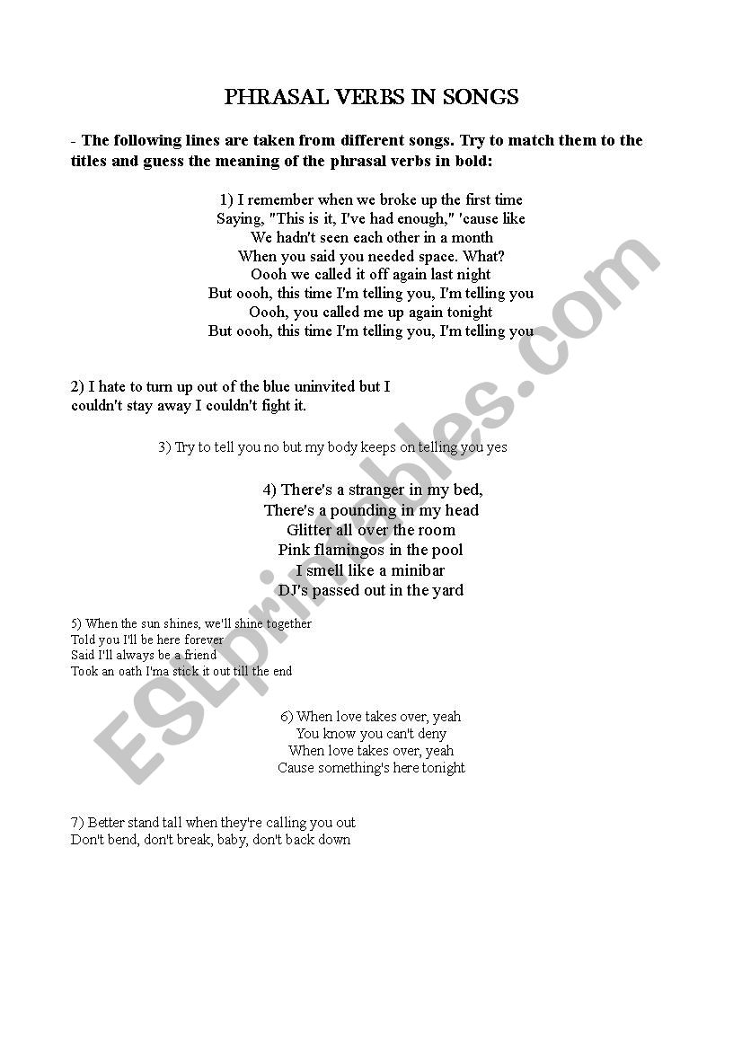 PHRASAL VERBS IN SONGS worksheet