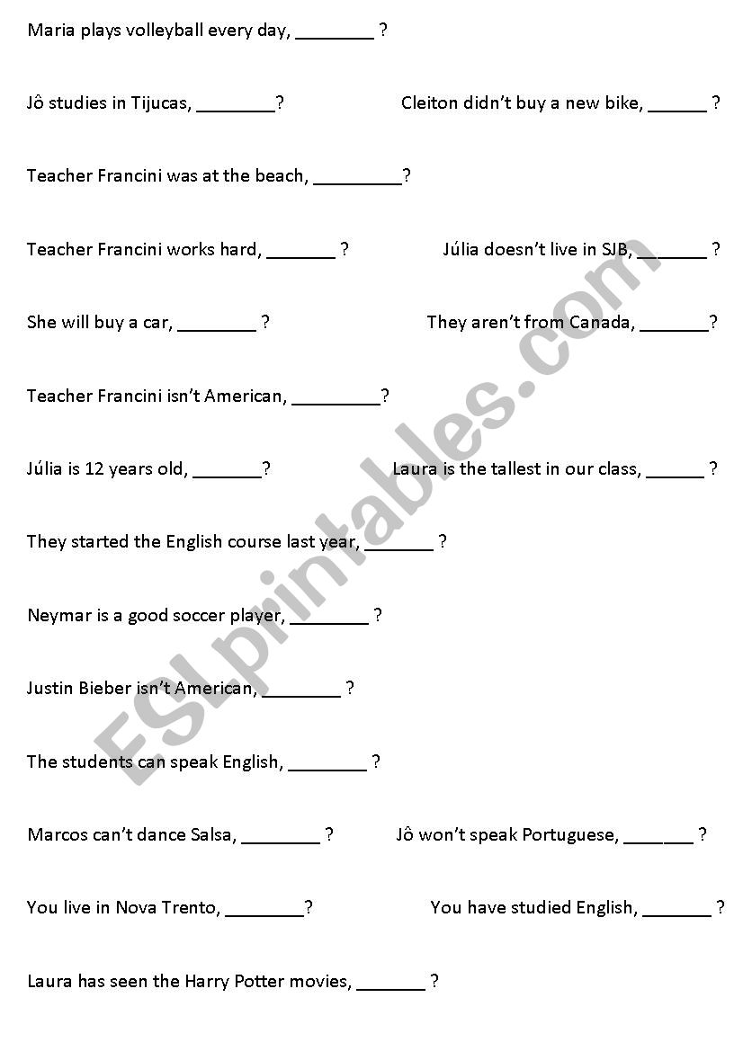 question tag worksheet