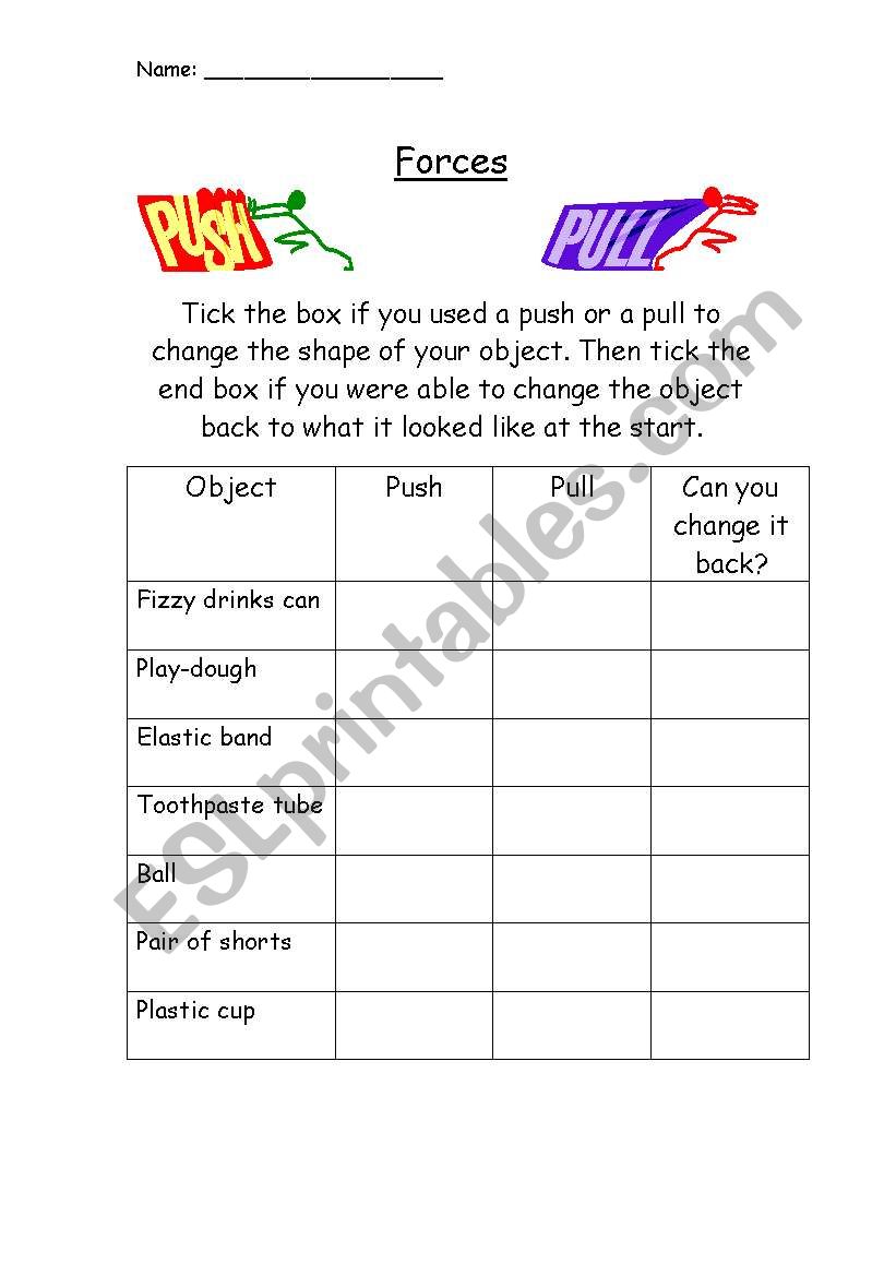Push/pull forces worksheet