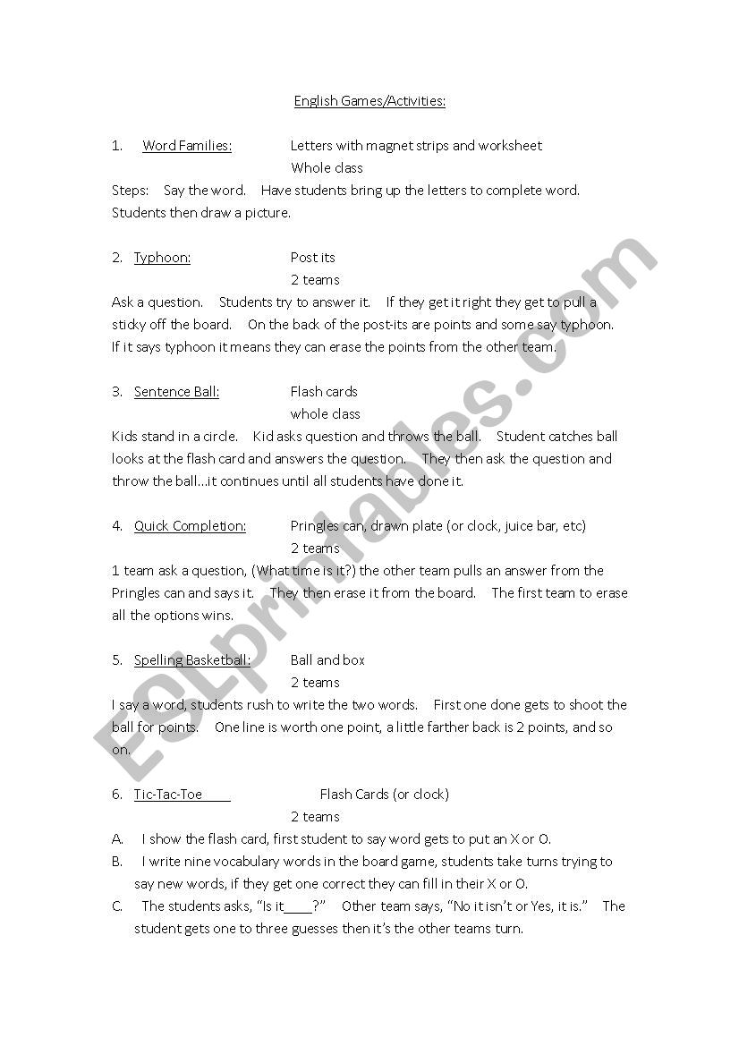 Games and Activities worksheet