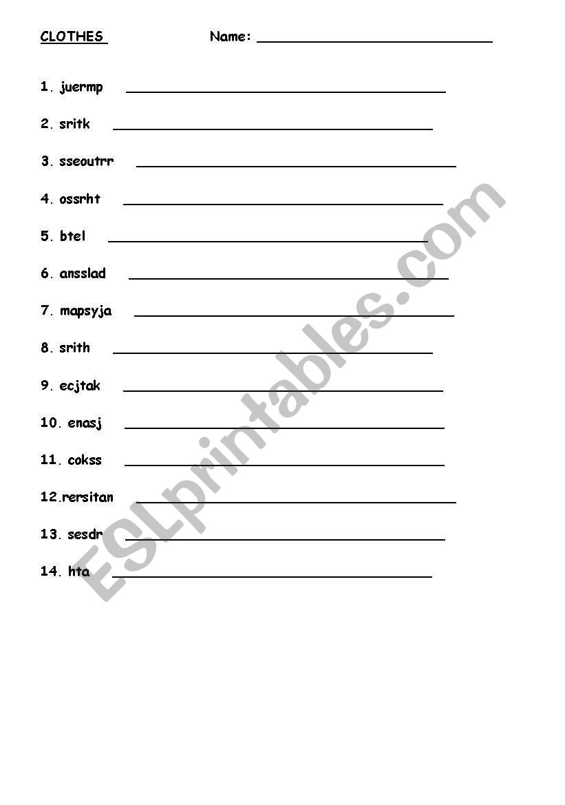 Clothes Anagrams worksheet