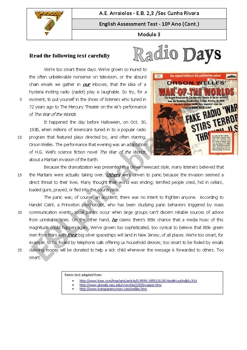 Radio Days worksheet