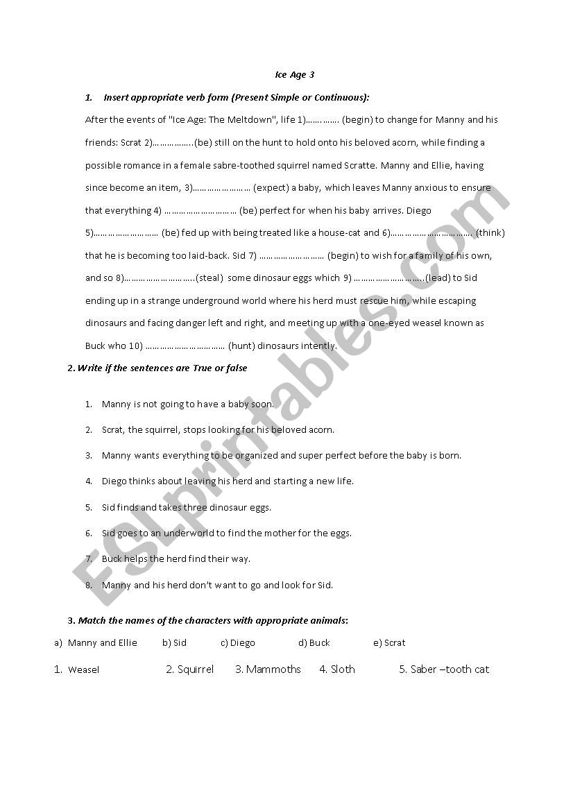 Ice Age 3 worksheet