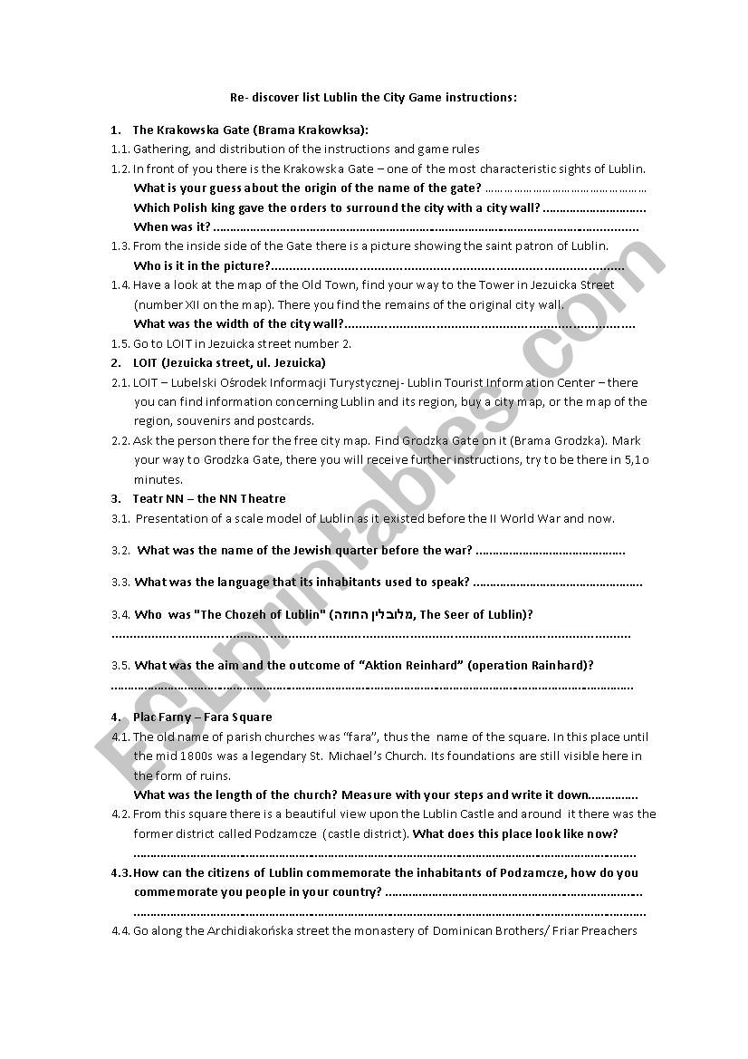 City game (Lost Lublin) worksheet