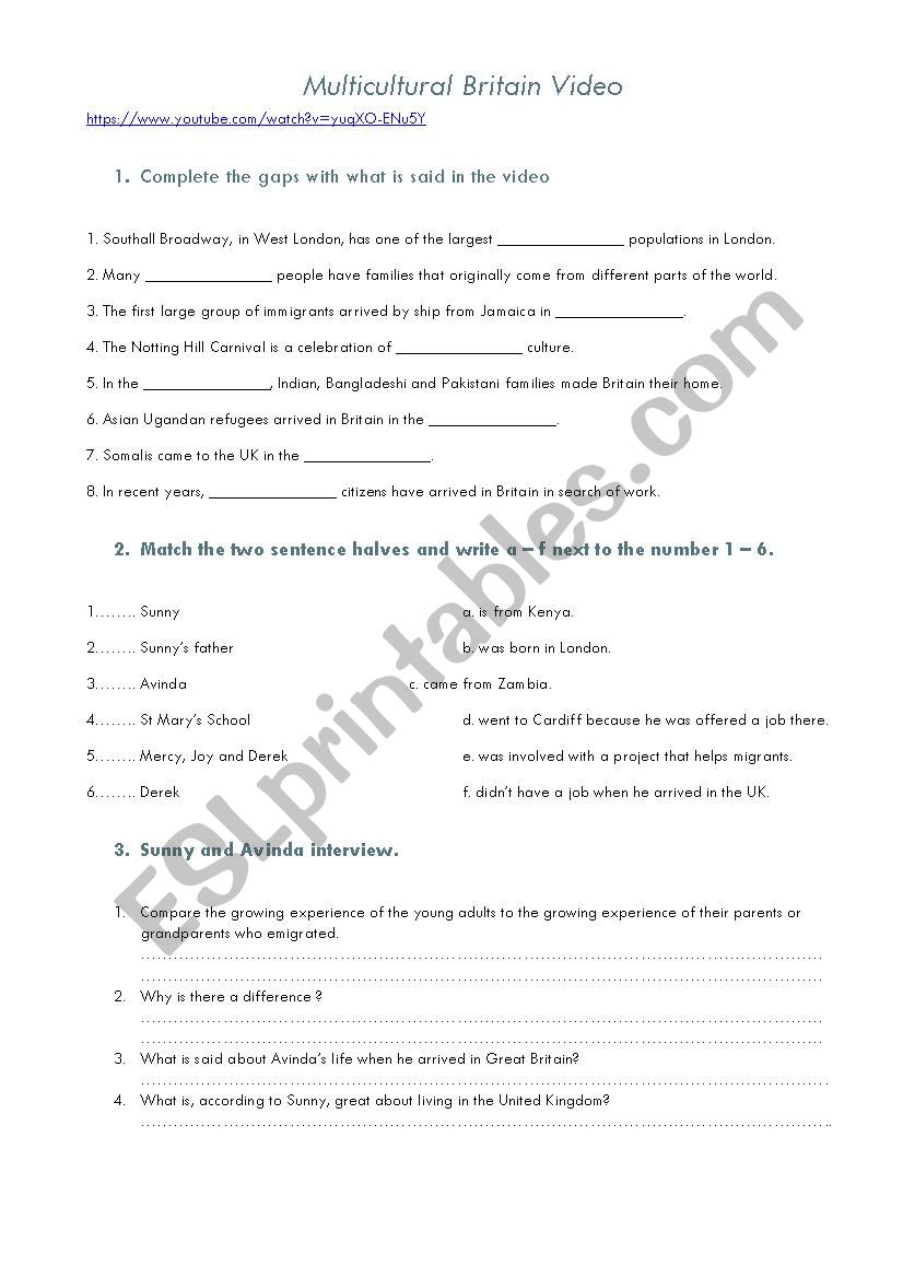 Multicultural Britain worksheet