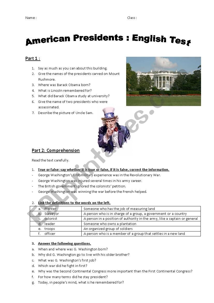 Test American Presidents worksheet