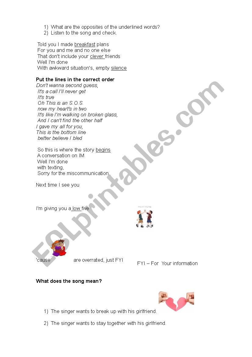 SOS by Jonas Brothers worksheet