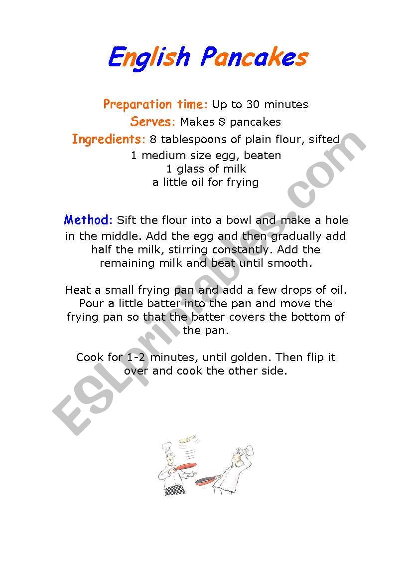 Recipe for English pancakes worksheet