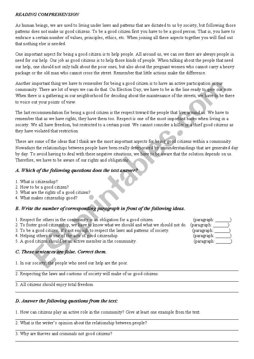 Reading comprehension  worksheet