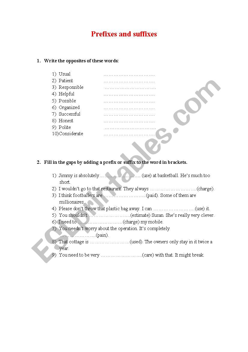 prefixes and suffixes worksheet