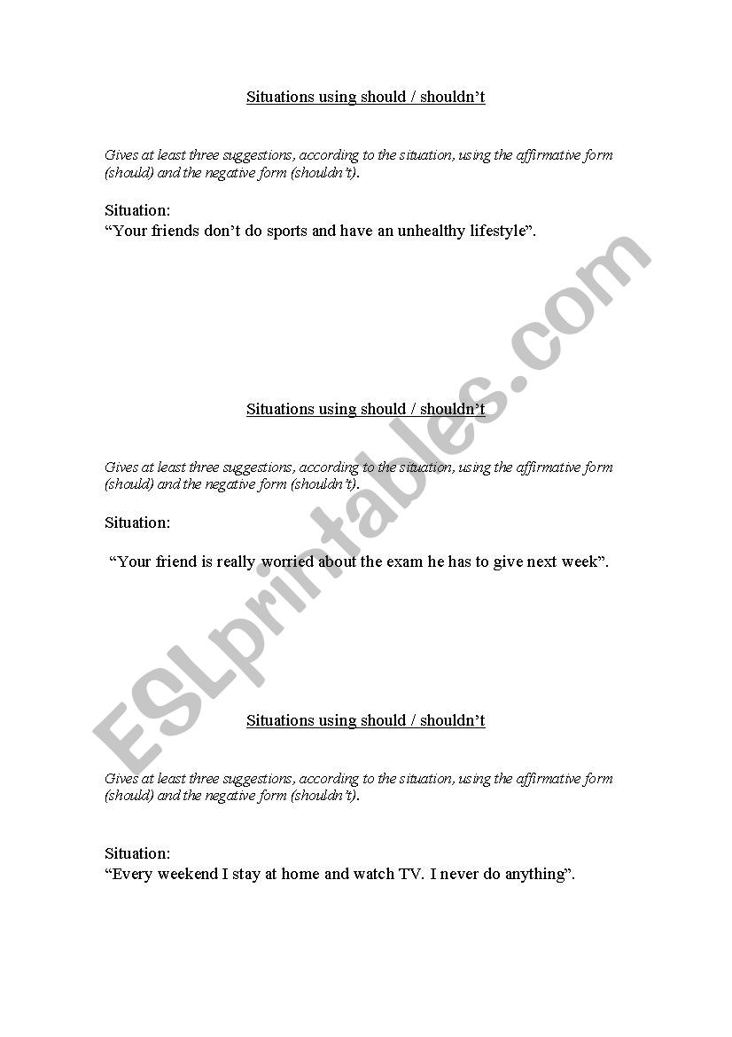 situations to give advice worksheet