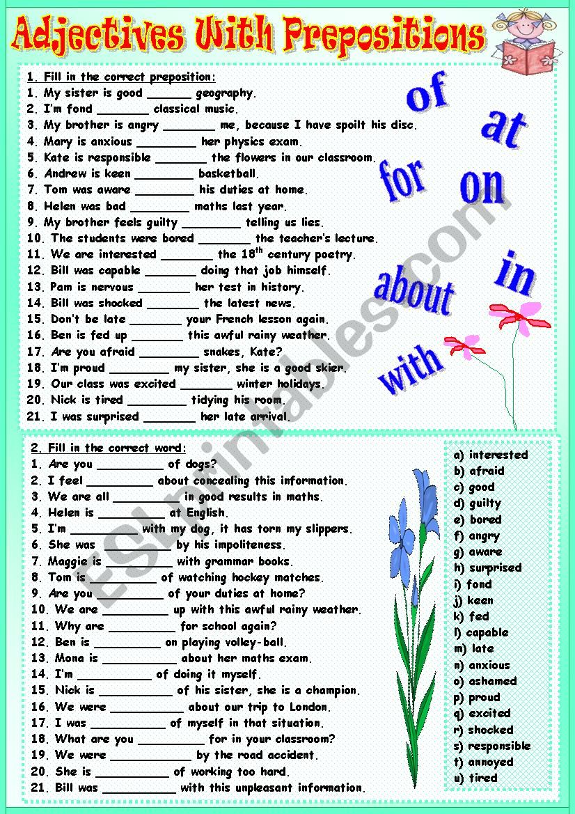 Adjectives with prepositions worksheet