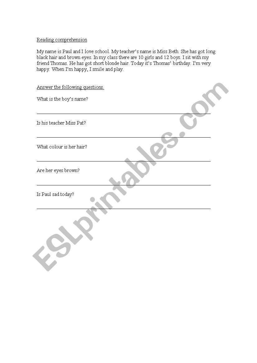 Reading Comprehension worksheet