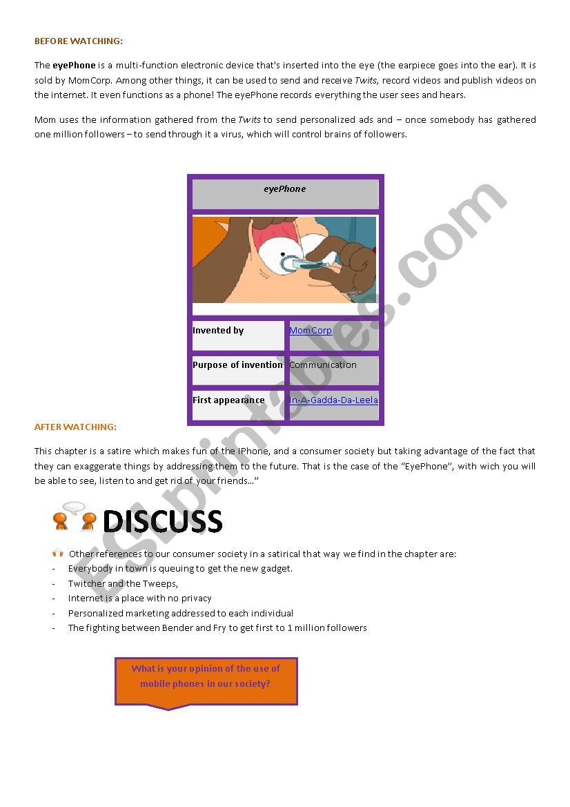 EyePhone FUTURAMA worksheet