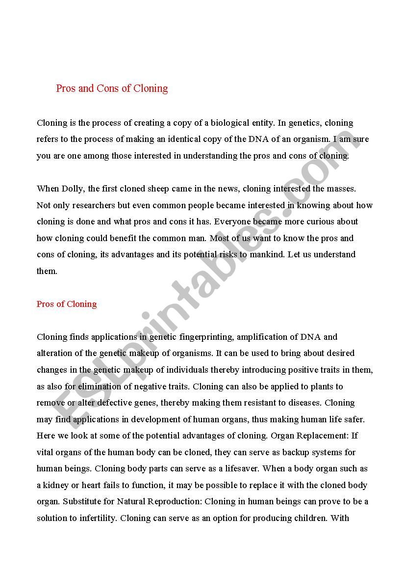 Pros and Cons of Cloning. worksheet