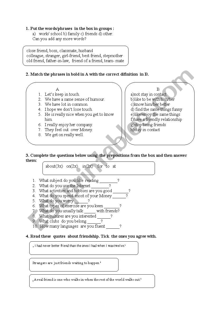 Vocabulary + speaking tasks worksheet