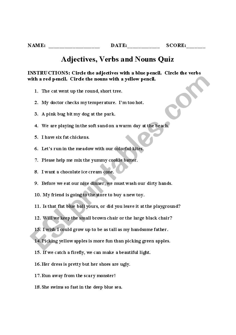 Adjectives, Verbs and Nouns Quiz