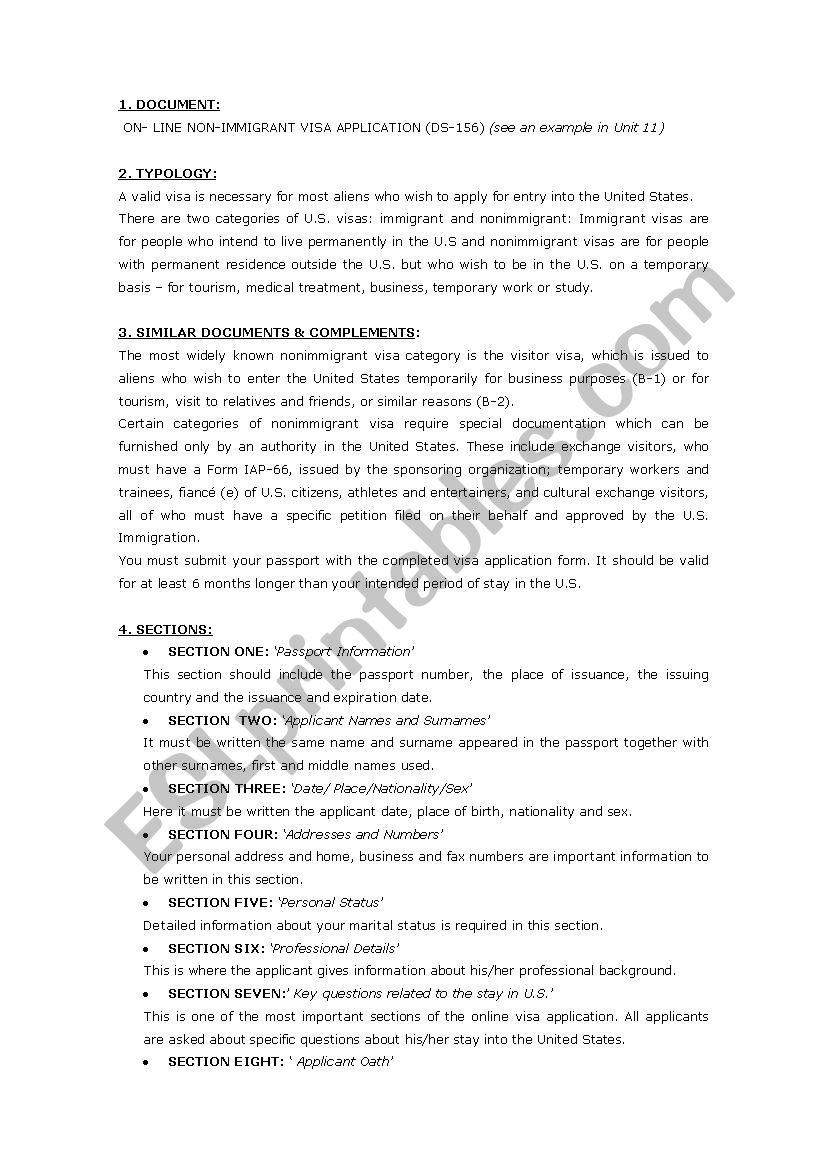 VISA APPLICATION worksheet