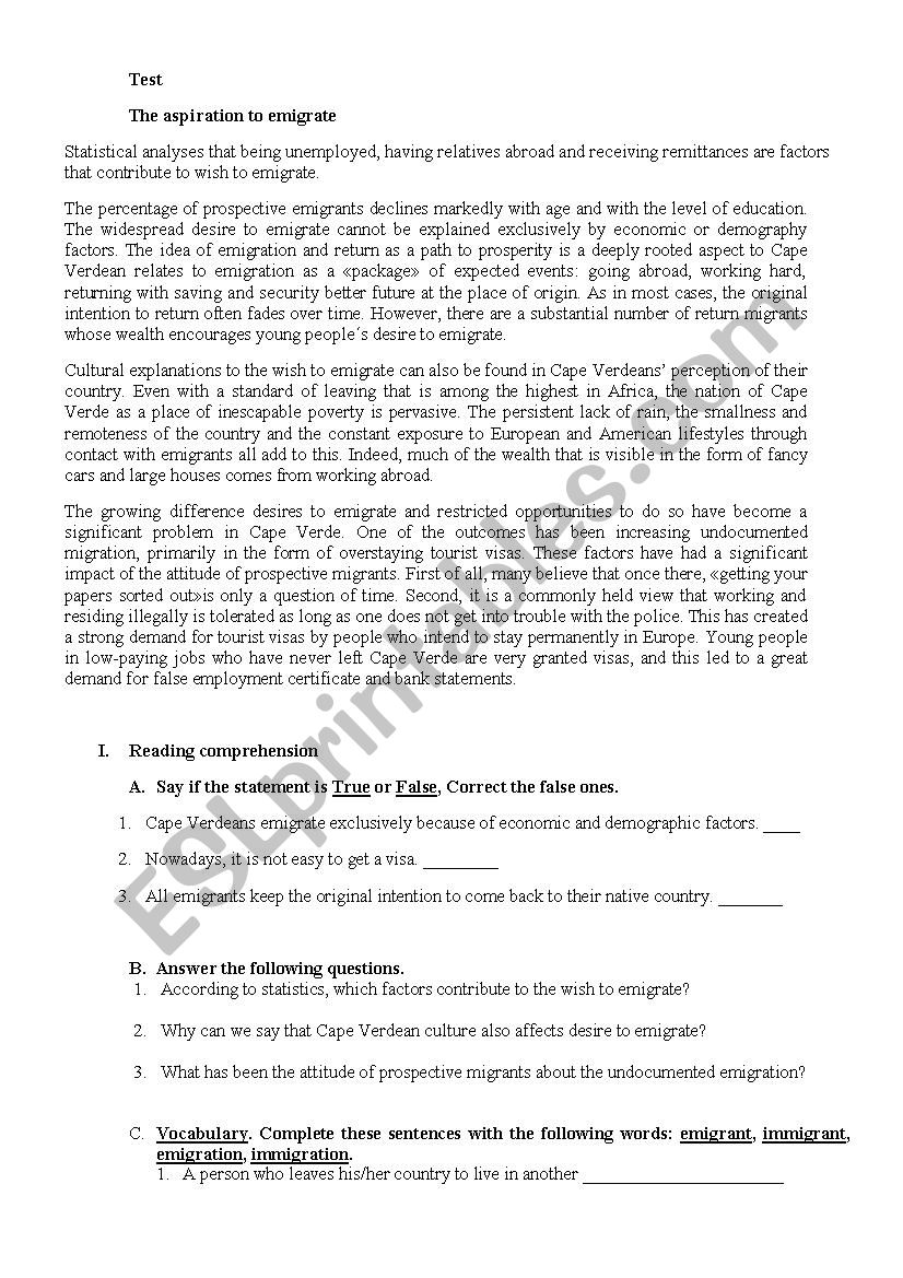 Emigration worksheet