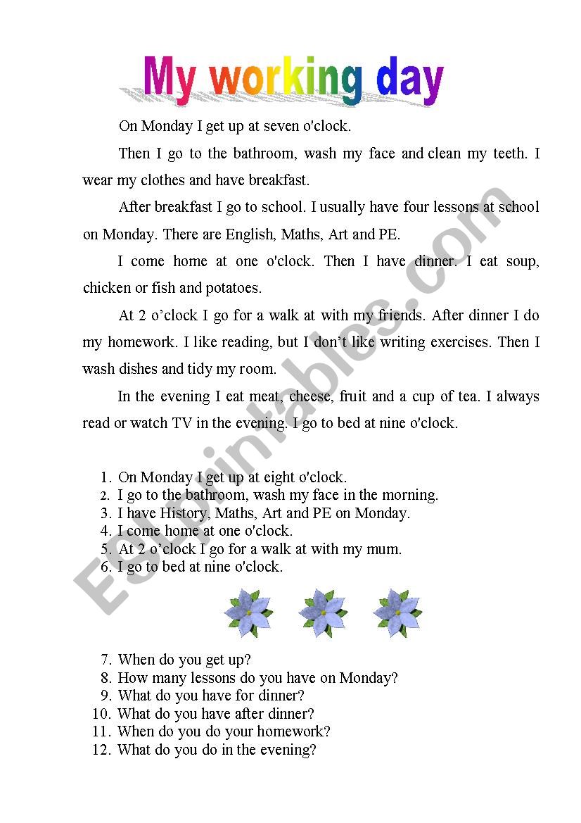 my working day worksheet