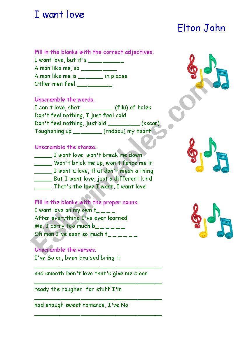 Working with vocabulary - listening comprehension activity : I want love (Elton John) - with answer key.