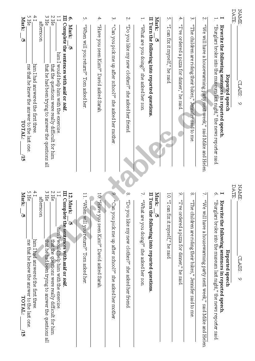 Reported speech worksheet