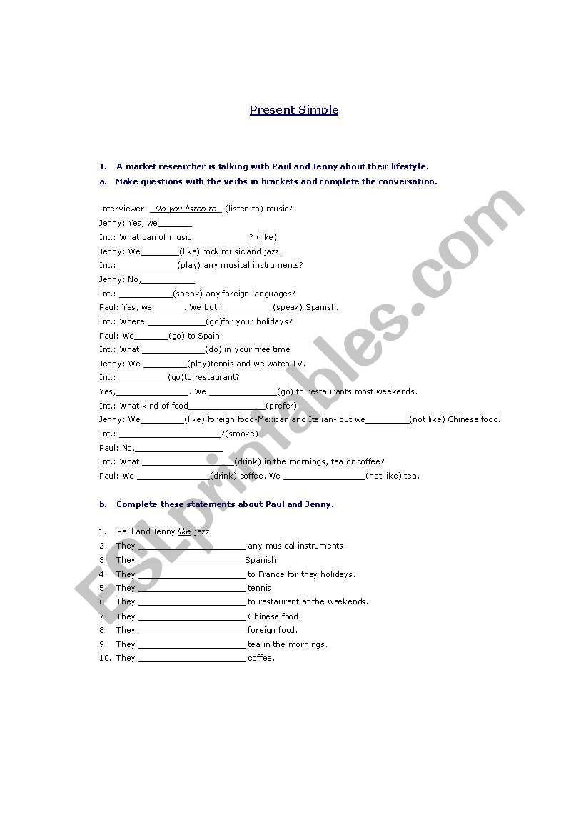 Present simple exercise worksheet