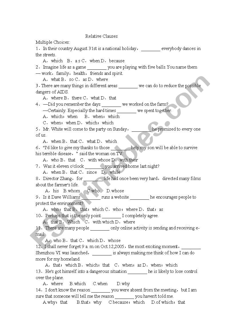 relative clauses worksheet