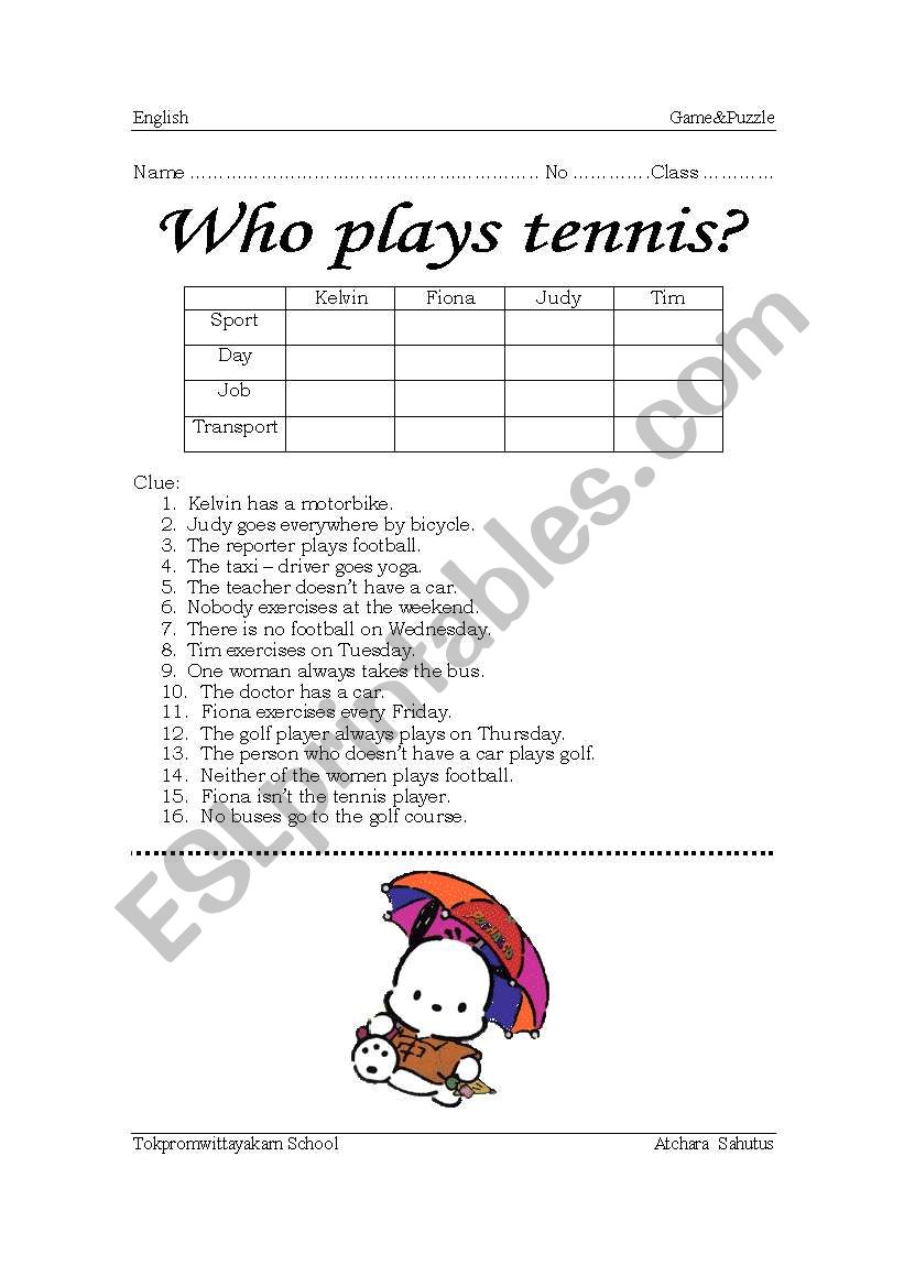 Who plays tennis worksheet