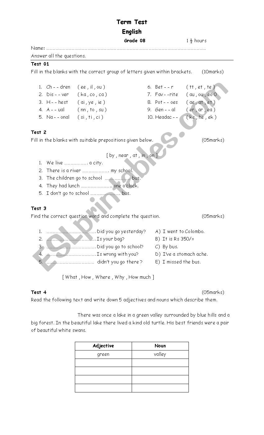 Test for Grade 8 worksheet