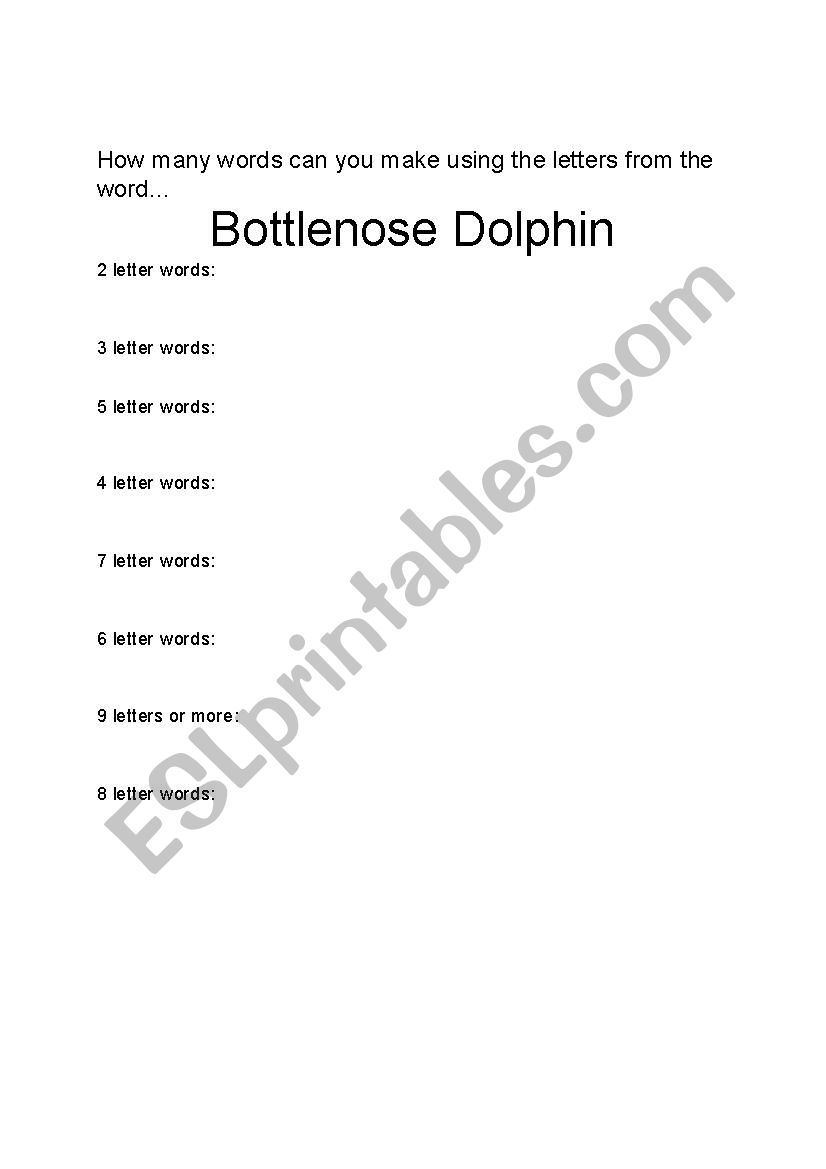 Word Work-Bottle Nose Dolphin worksheet