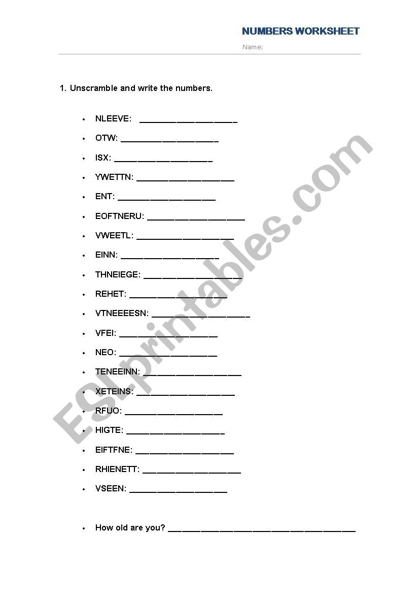 Numbers 1-20 worksheet