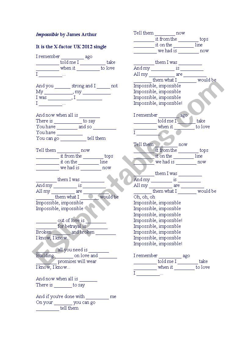 IMPOSSIBLE BY JAMES ARTHUR worksheet