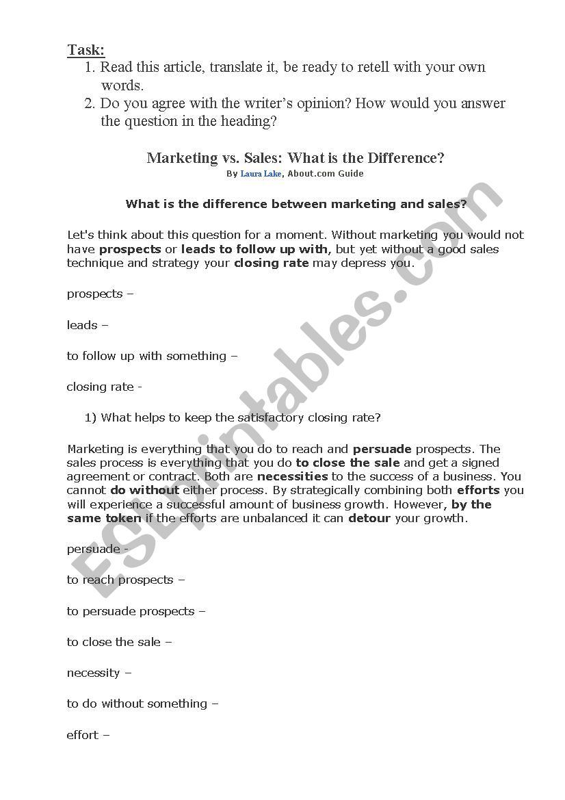 Marketing Vs. Sales worksheet