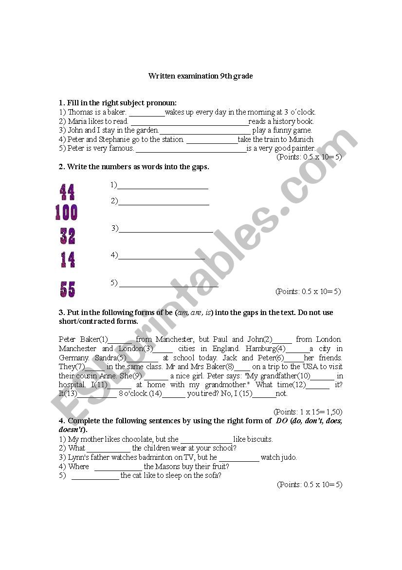 Written Examination 9th Grade worksheet