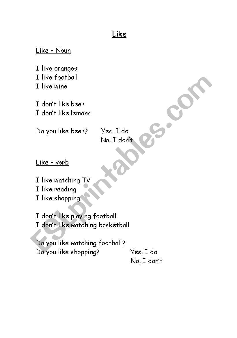Like/dont like/do you like? worksheet
