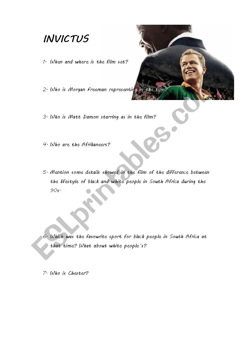 A film worksheet of Invictus worksheet