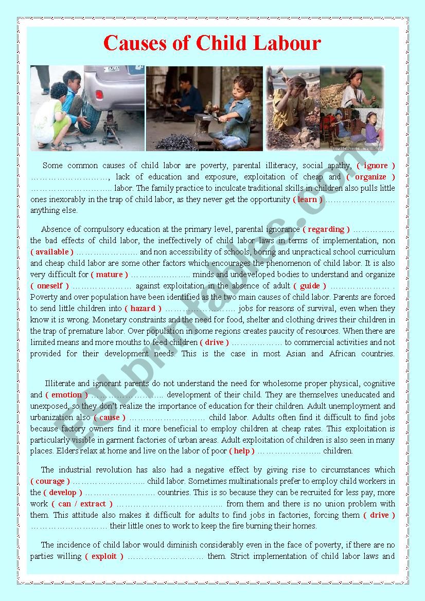 Causes of Child Labour worksheet