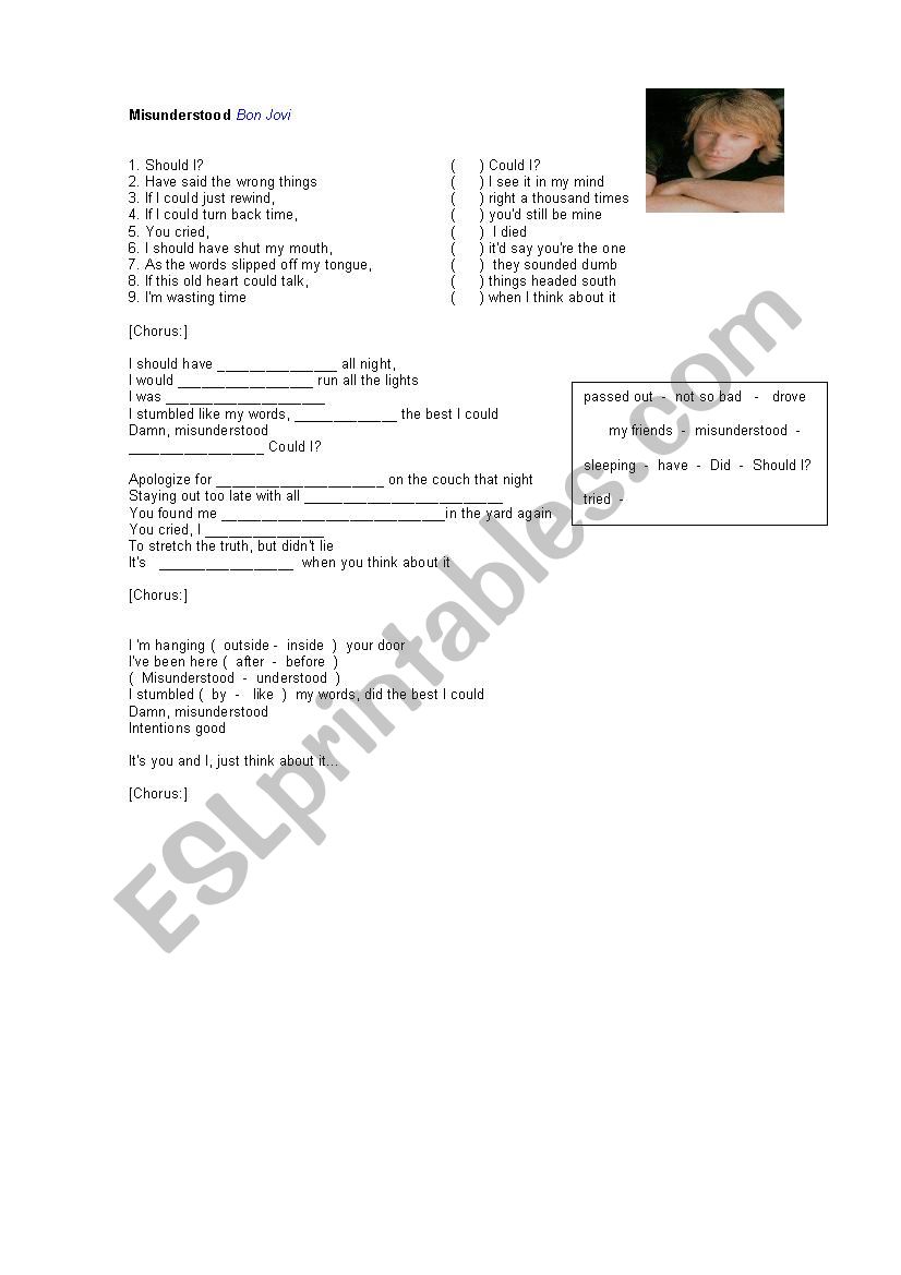 Misunderstood - Bon Jovi worksheet